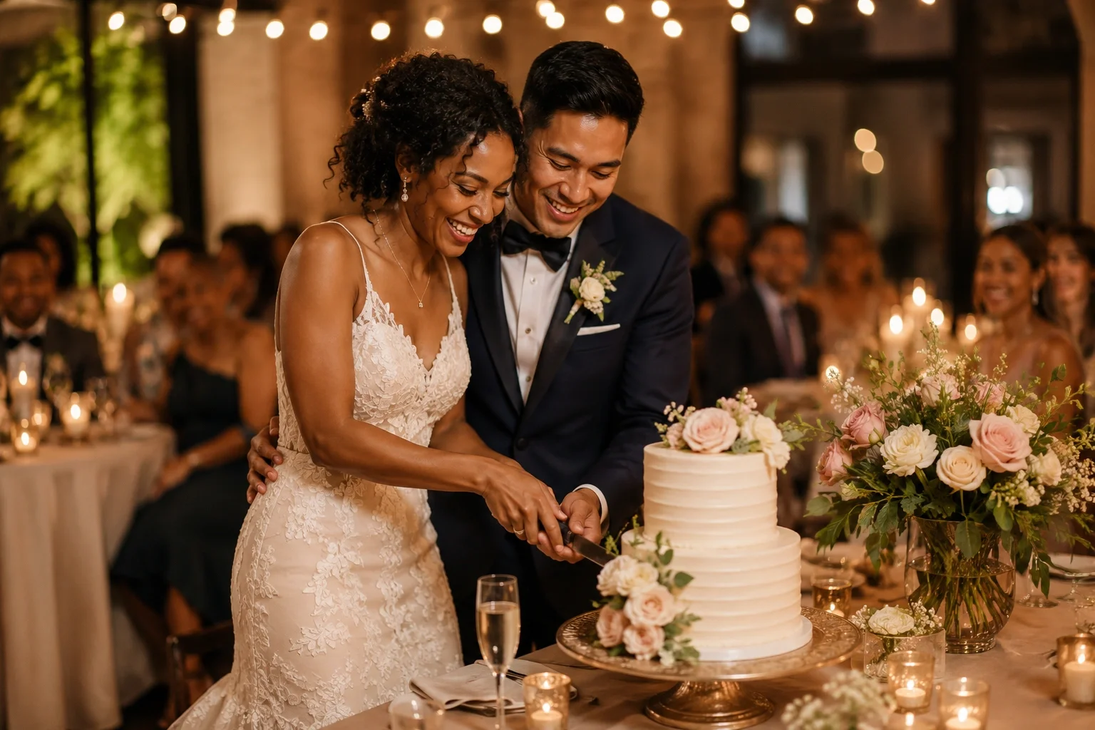 Couple celebrating their wedding day with guests