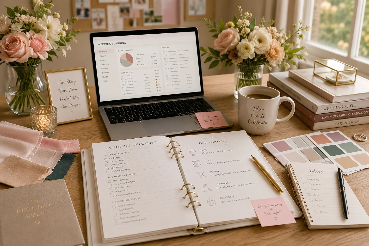 Wedding planning workspace with checklist, laptop, and floral inspiration