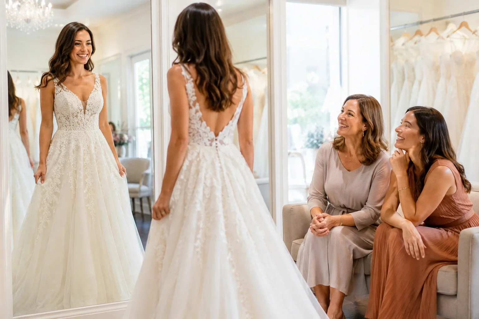 Bride trying on a wedding dress with family