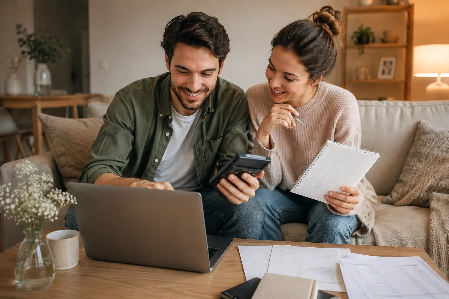 Couple reviewing wedding budget and guest list on a laptop