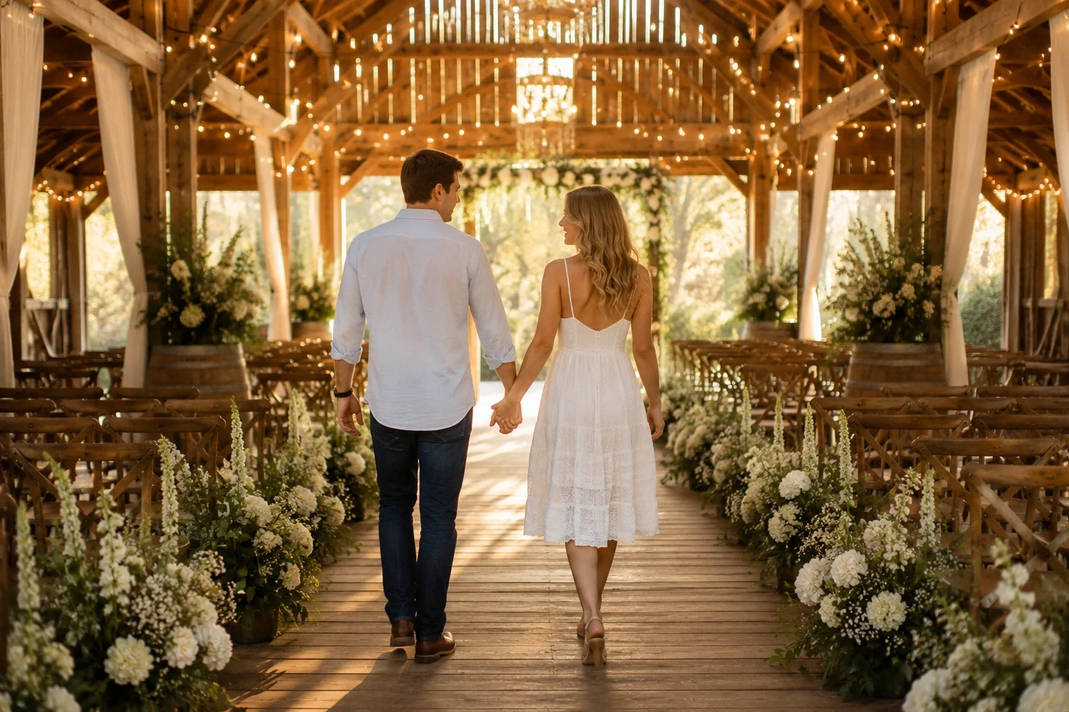 Couple touring a beautiful rustic barn wedding venue